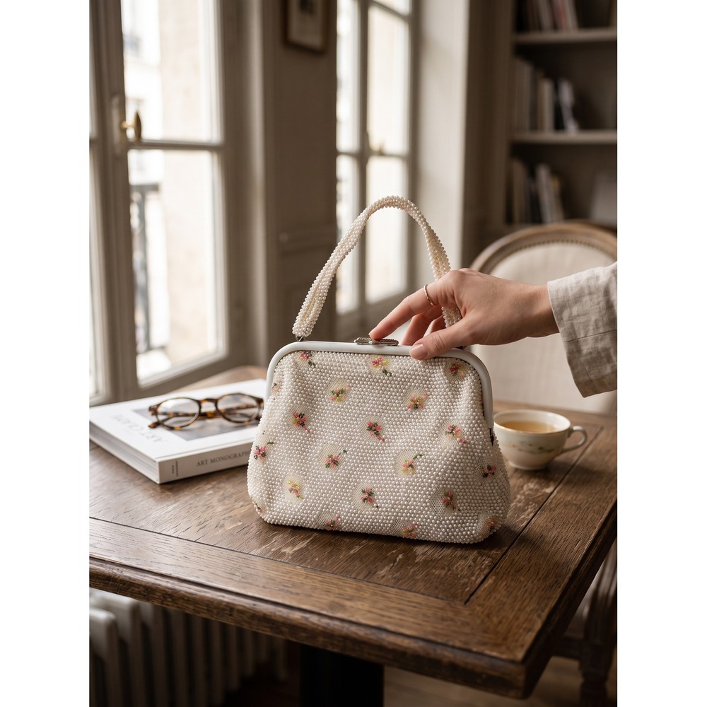 Cottagecore Vintage Beaded Floral Embroidery Frame Bag Cream Pink Top Handle Bag